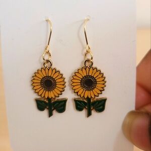 Handmade Sunflower Gold and Green Dangle Enamel Earrings